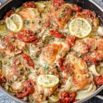 Mediterranean Chicken Skillet in a stainless-steel pan with creamy lemon sauce, sun-dried tomatoes, capers, onions, and fresh parsley.