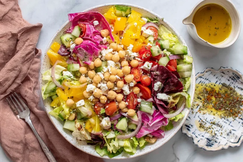 Mediterranean Chopped Salad served in a bowl with chickpeas, feta, cucumber, tomatoes, peppers, and radicchio, with oregano vinaigrette on the side.