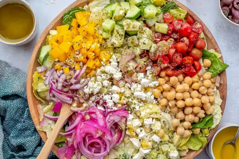 Mediterranean Chopped Salad in a wooden bowl with chickpeas, feta, cucumbers, cherry tomatoes, peppers, and oregano vinaigrette.