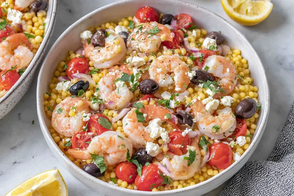 Mediterranean Couscous with Shrimp in a bowl with cherry tomatoes, Kalamata olives, feta, red onion, parsley, and fresh lemon.