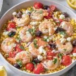 Mediterranean Couscous with Shrimp in a bowl with cherry tomatoes, Kalamata olives, feta, red onion, parsley, and fresh lemon.