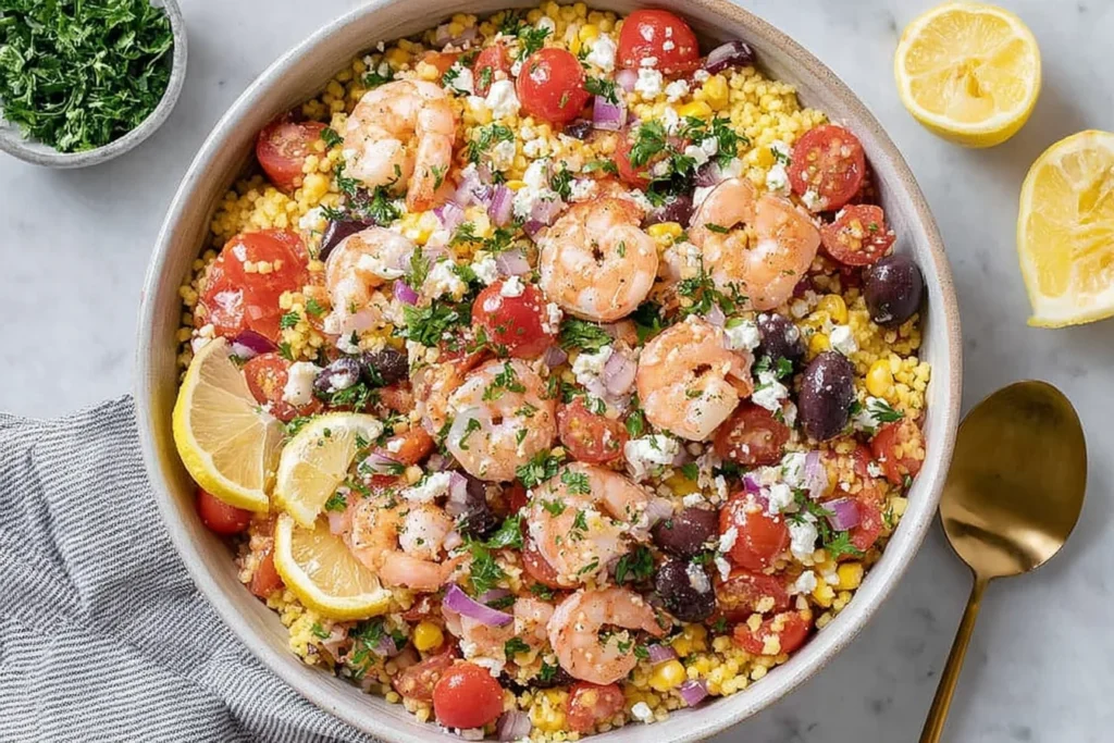 Mediterranean Couscous with Shrimp served in a large bowl with cherry tomatoes, Kalamata olives, red onion, feta, parsley, and lemon wedges.