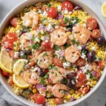 Mediterranean Couscous with Shrimp served in a large bowl with cherry tomatoes, Kalamata olives, red onion, feta, parsley, and lemon wedges.