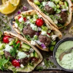 Mediterranean Meatball Stuffed Pitas filled with juicy meatballs, cucumber-tomato salad, fresh herbs, and mint yogurt sauce with lemon wedges on the side.