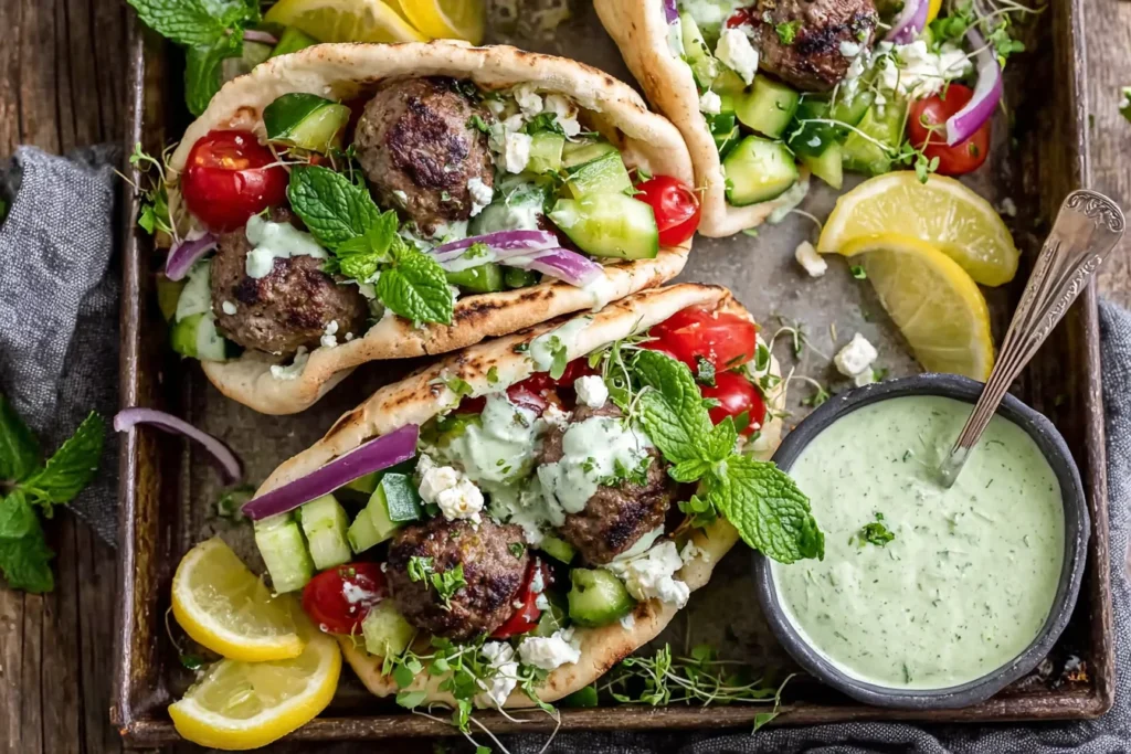 Mediterranean Meatball Stuffed Pitas loaded with pan-seared meatballs, cucumber tomato salad, feta, fresh mint, and mint yogurt sauce with lemon wedges.