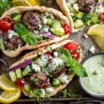 Mediterranean Meatball Stuffed Pitas loaded with pan-seared meatballs, cucumber tomato salad, feta, fresh mint, and mint yogurt sauce with lemon wedges.