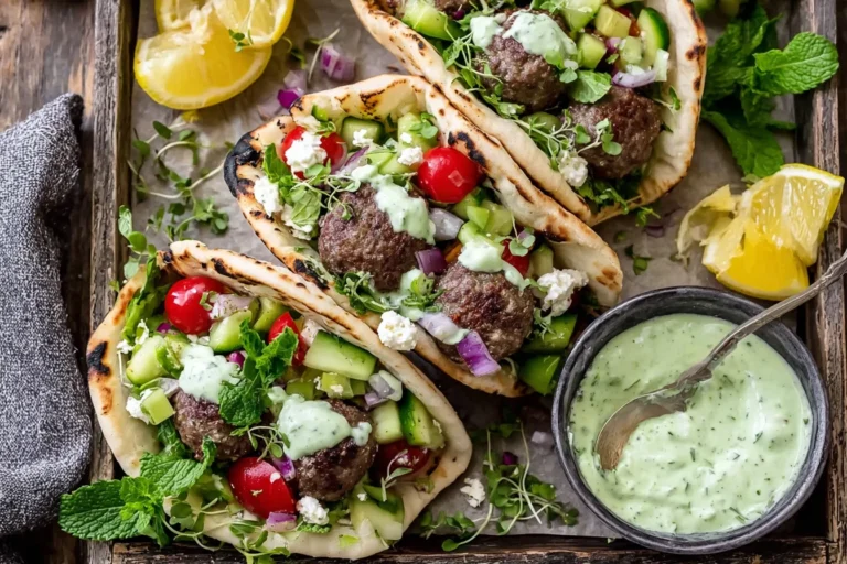 Mediterranean Meatball Stuffed Pitas filled with juicy meatballs, cucumber-tomato salad, fresh herbs, and mint yogurt sauce with lemon wedges on the side.