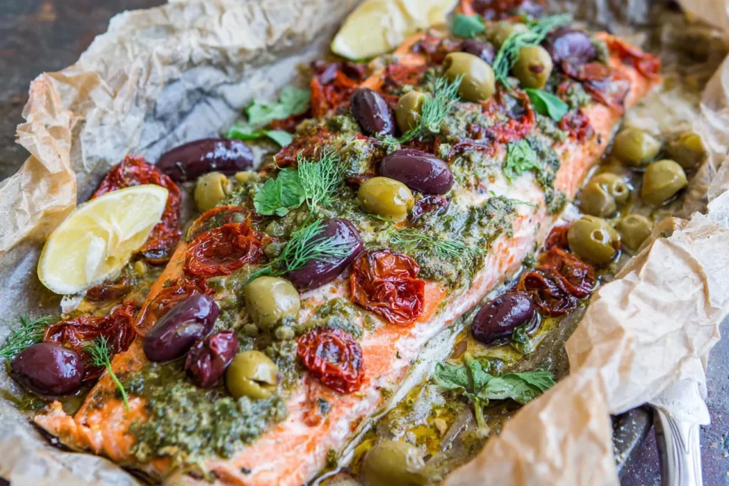 Mediterranean Salmon in Parchment Paper baked with pesto, kalamata and green olives, sun-dried tomatoes, fresh dill, and lemon wedges for a juicy, flavorful dinner.