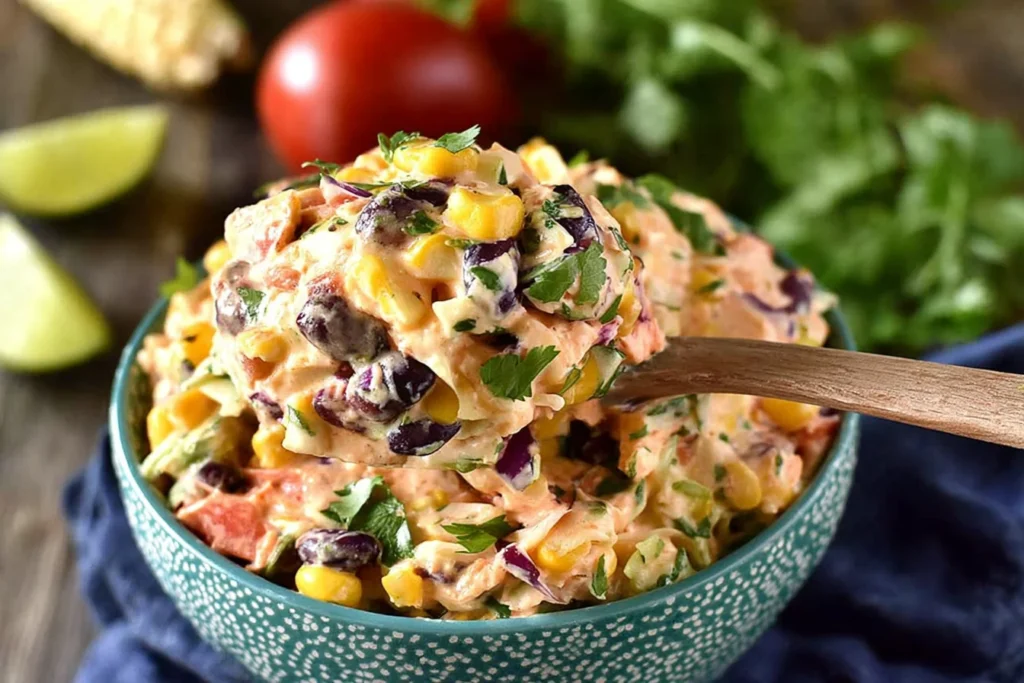 Mexican Coleslaw spoonful lifted from a bowl, showing creamy taco-lime dressing with shredded cabbage, black beans, corn, and cilantro.