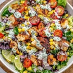 Mexican Grilled Chicken Salad with smoky grilled chicken, black beans, corn, cherry tomatoes, red onion, and creamy avocado cilantro dressing.