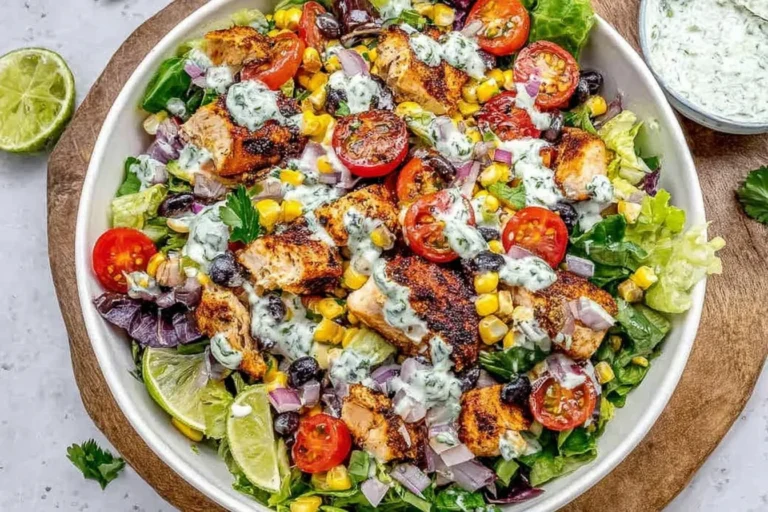 Mexican Grilled Chicken Salad with smoky grilled chicken, black beans, corn, cherry tomatoes, red onion, and creamy avocado cilantro dressing.