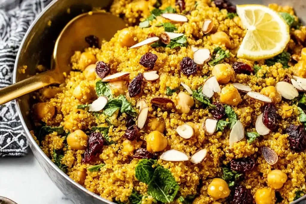 One Pot Moroccan-Inspired Chickpea Quinoa Salad in a bowl with chickpeas, dried cranberries, herbs, toasted sliced almonds, and a lemon wedge.