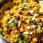 One Pot Moroccan-Inspired Chickpea Quinoa Salad in a bowl with chickpeas, dried cranberries, herbs, toasted sliced almonds, and a lemon wedge.