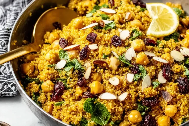 One Pot Moroccan-Inspired Chickpea Quinoa Salad in a bowl with chickpeas, dried cranberries, herbs, toasted sliced almonds, and a lemon wedge.