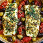 Mediterranean Baked Fish in a skillet with blistered cherry tomatoes, mixed olives, garlic, herbs, and lemon-olive oil sauce