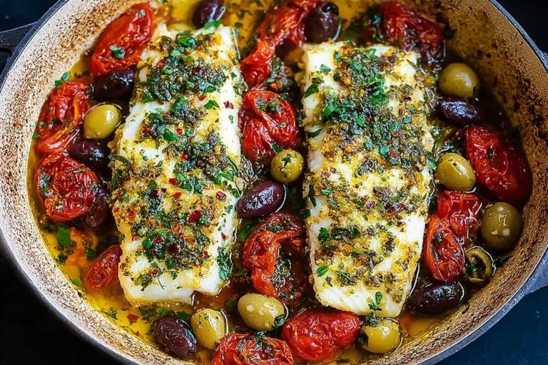 Mediterranean Baked Fish in a skillet with blistered cherry tomatoes, mixed olives, garlic, herbs, and lemon-olive oil sauce
