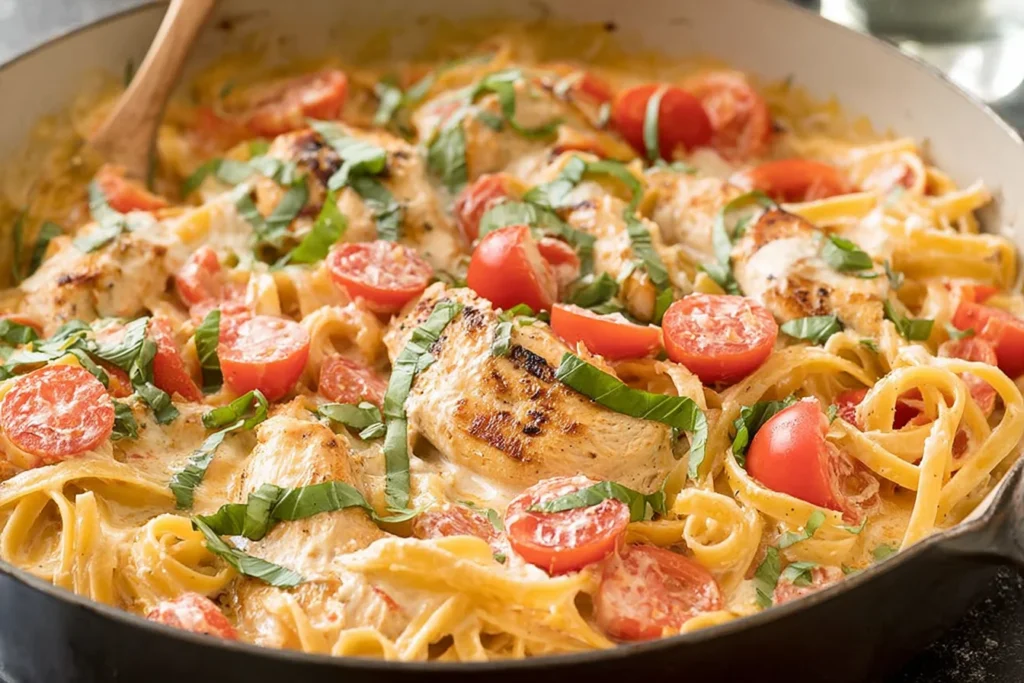 One Pot Chicken Margherita Pasta with Ricotta simmering in a skillet with creamy tomato sauce, seared chicken, cherry tomatoes, parmesan, and fresh basil.