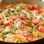 One Pot Chicken Margherita Pasta with Ricotta simmering in a skillet with creamy tomato sauce, seared chicken, cherry tomatoes, parmesan, and fresh basil.