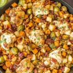 One-Pot Easy Harvest Chicken Skillet with bacon, chicken, sweet potatoes, Brussels sprouts, apples, and cranberries cooked in a cast-iron pan.