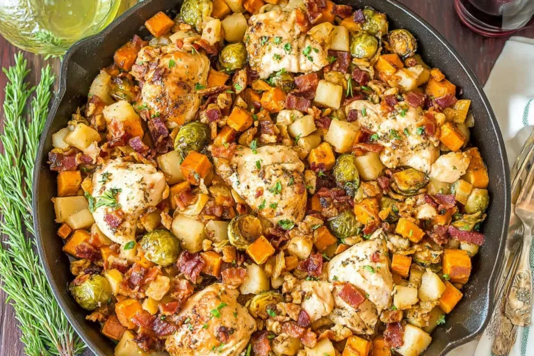One-Pot Easy Harvest Chicken Skillet with bacon, chicken, sweet potatoes, Brussels sprouts, apples, and cranberries cooked in a cast-iron pan.