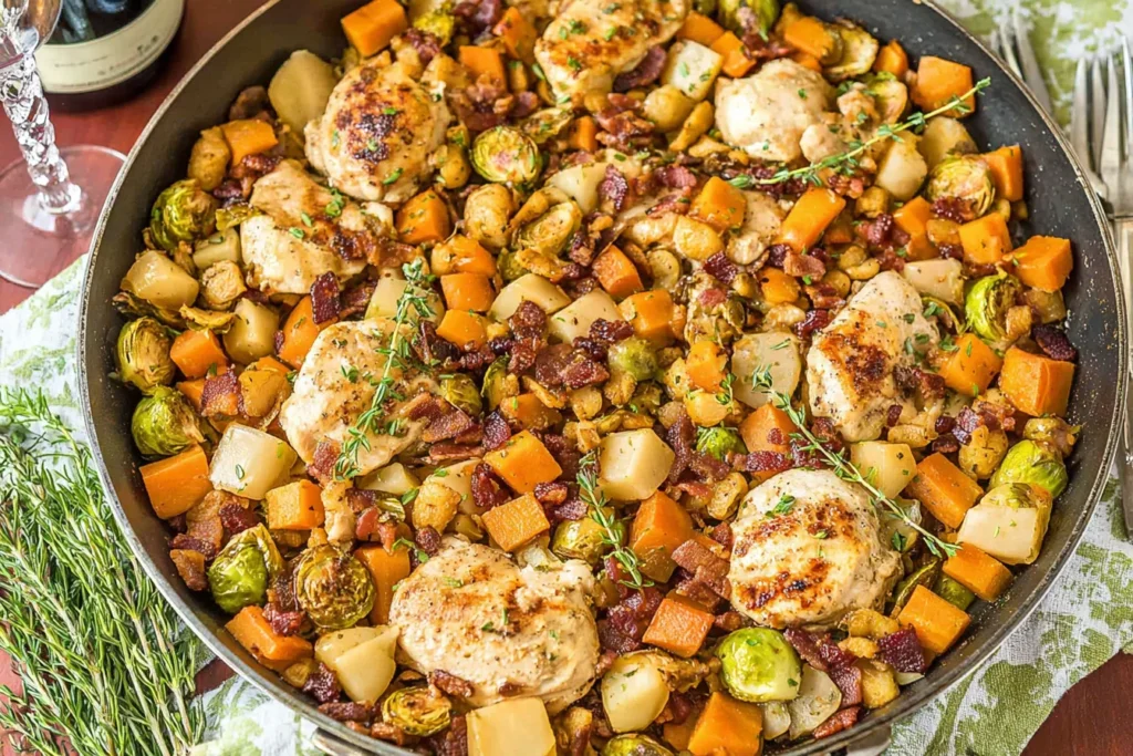 One-Pot Easy Harvest Chicken Skillet in a large pan with juicy chicken, crispy bacon, sweet potatoes, Brussels sprouts, apples, cranberries, and thyme.