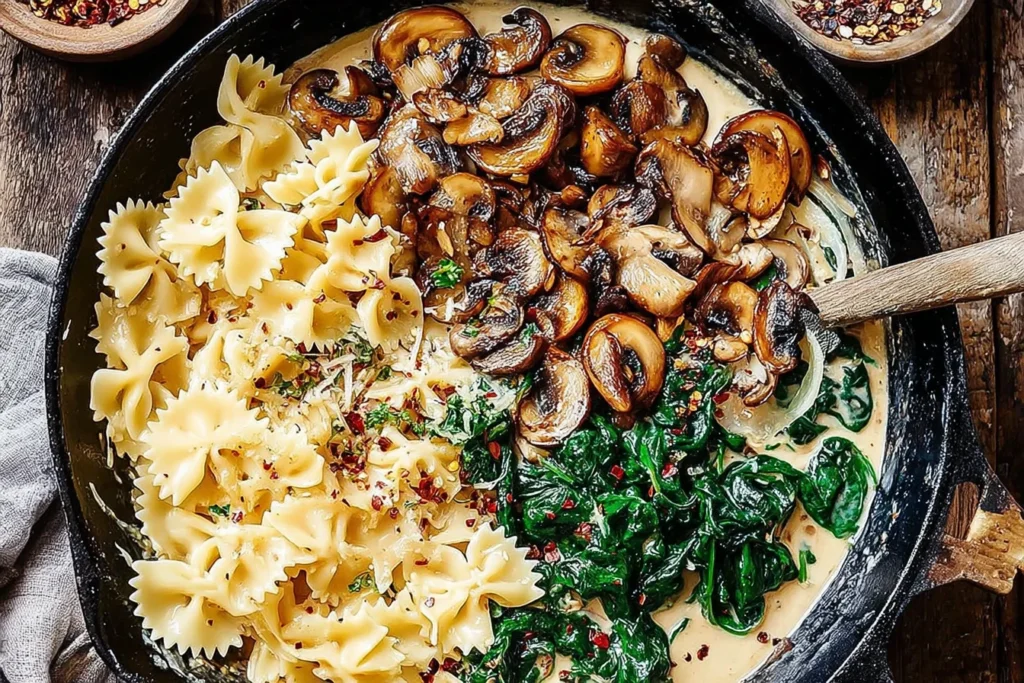 One-Pot Garlic Parmesan Pasta with Spinach and Mushrooms in a skillet—creamy farfalle with sautéed mushrooms, wilted spinach, and parmesan sauce.