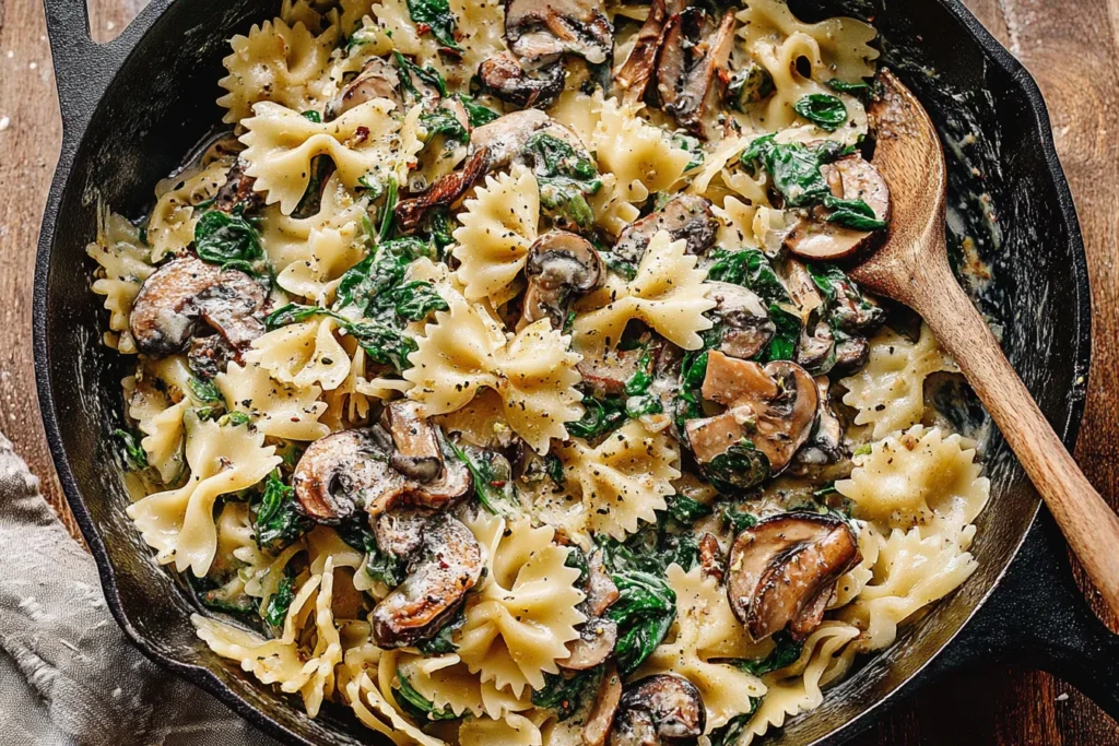 One-Pot Garlic Parmesan Pasta with Spinach and Mushrooms in a cast-iron skillet—creamy farfalle tossed with sautéed mushrooms, spinach, and parmesan.