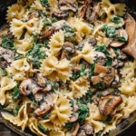 One-Pot Garlic Parmesan Pasta with Spinach and Mushrooms in a cast-iron skillet—creamy farfalle tossed with sautéed mushrooms, spinach, and parmesan.
