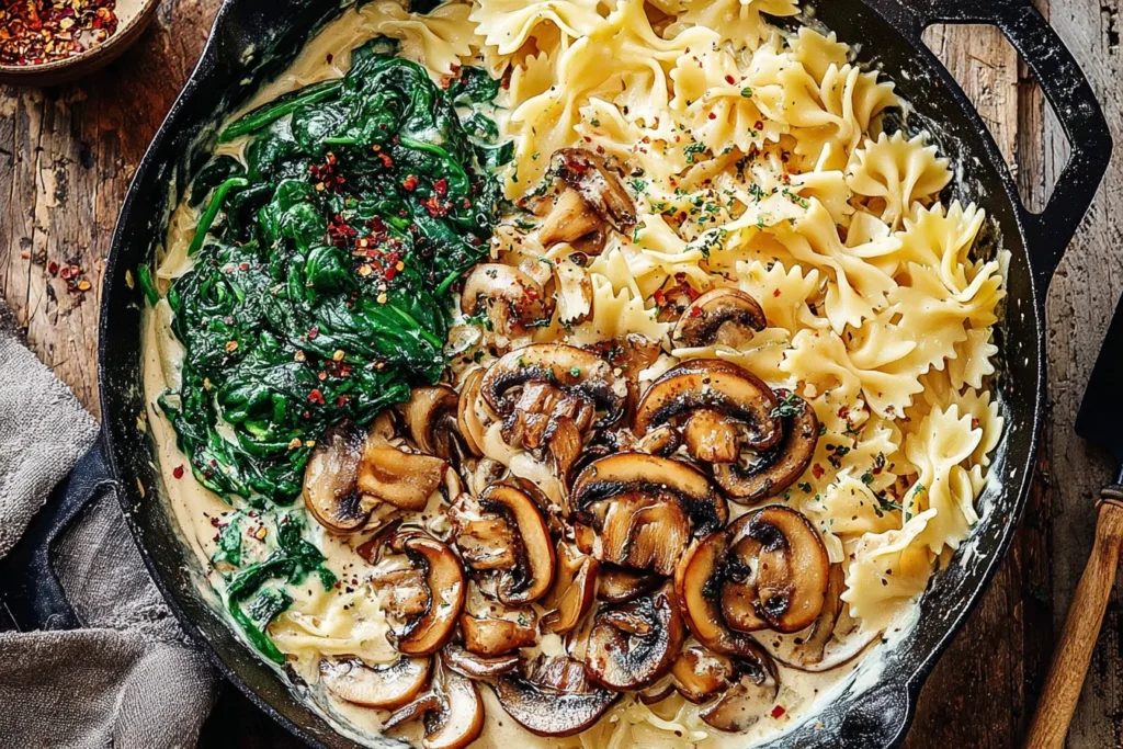 One-Pot Garlic Parmesan Pasta with Spinach and Mushrooms in a cast-iron skillet—creamy farfalle with sautéed mushrooms, spinach, and red pepper flakes.