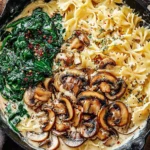 One-Pot Garlic Parmesan Pasta with Spinach and Mushrooms in a cast-iron skillet—creamy farfalle with sautéed mushrooms, spinach, and red pepper flakes.