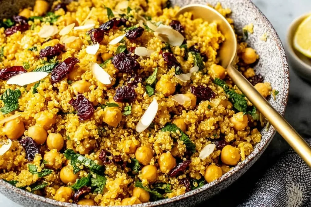 Close-up of One Pot Moroccan-Inspired Chickpea Quinoa Salad with chickpeas, dried cranberries, fresh herbs, and sliced almonds in a serving bowl.