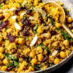 Close-up of One Pot Moroccan-Inspired Chickpea Quinoa Salad with chickpeas, dried cranberries, fresh herbs, and sliced almonds in a serving bowl.