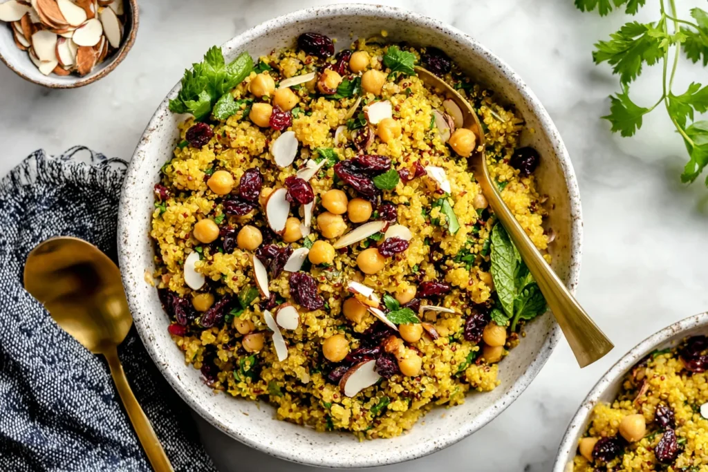 Overhead view of One Pot Moroccan-Inspired Chickpea Quinoa Salad with chickpeas, dried cranberries, fresh herbs, and sliced toasted almonds in a bowl.