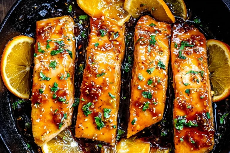 Orange Glazed Salmon fillets in a skillet with a sticky orange-honey soy glaze, garlic, sesame, and fresh herbs, topped with orange slices.
