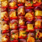 Baked Pineapple Chicken Kabobs on a baking sheet with caramelized pineapple, glazed chicken, red onion, and red pepper, ready to serve.
