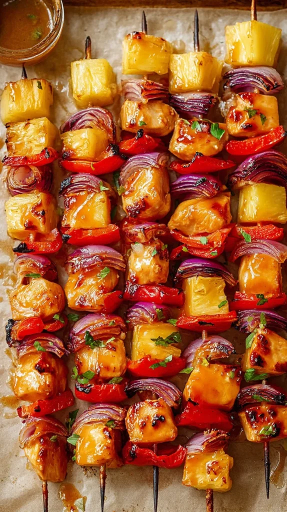 Baked Pineapple Chicken Kabobs on a baking sheet with caramelized pineapple, glazed chicken, red onion, and red pepper, ready to serve.