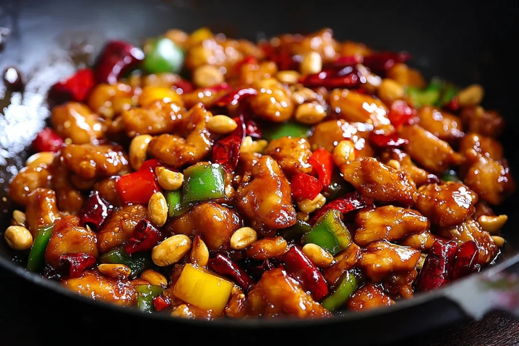 Panda Express Copycat Kung Pao Chicken in a wok with glossy spicy-sweet sauce, peanuts, dried red chilies, and colorful bell peppers.