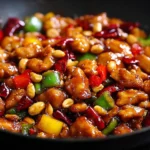 Panda Express Copycat Kung Pao Chicken in a wok with glossy spicy-sweet sauce, peanuts, dried red chilies, and colorful bell peppers.