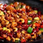 Panda Express Copycat Kung Pao Chicken sizzling in a wok with glossy sauce, peanuts, dried red chilies, zucchini, and bell pepper.
