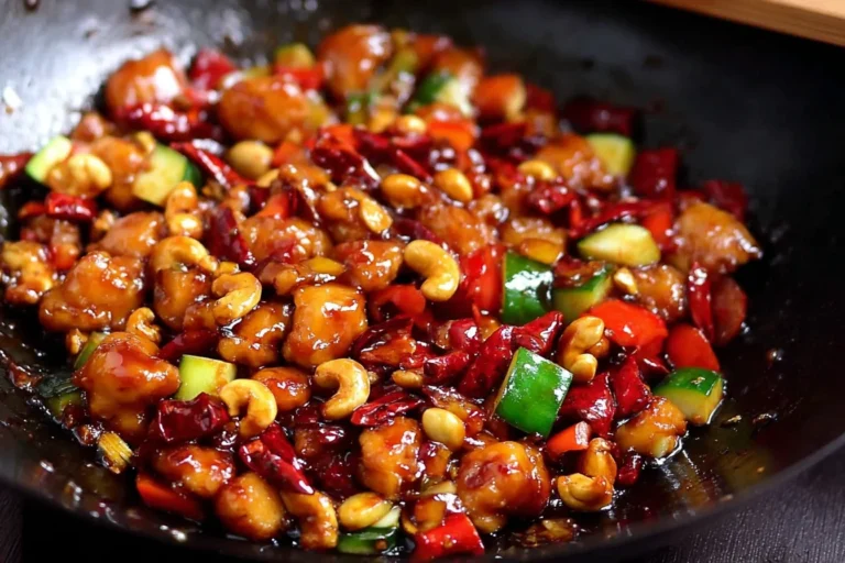 Panda Express Copycat Kung Pao Chicken sizzling in a wok with glossy sauce, peanuts, dried red chilies, zucchini, and bell pepper.