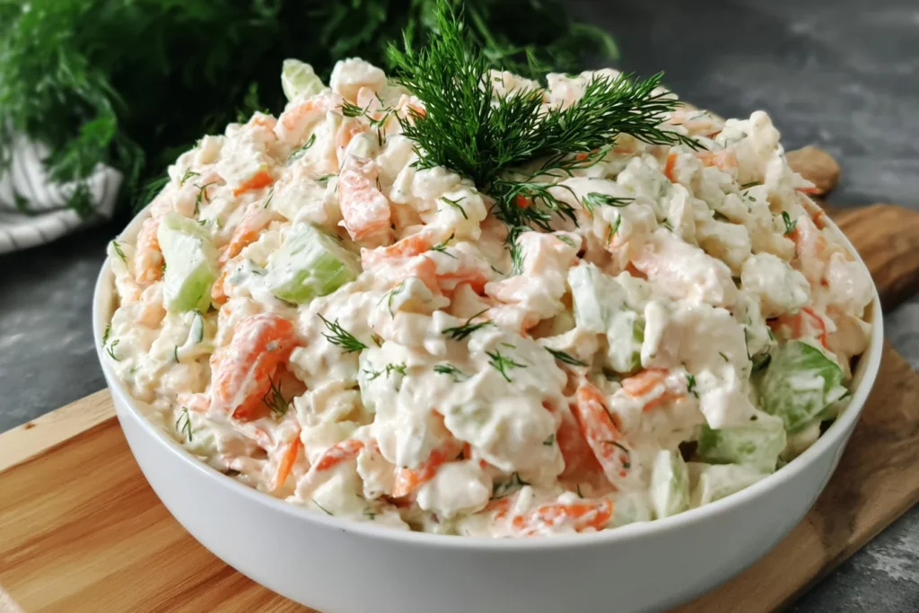 Paula Deen Crab Salad in a white bowl—creamy crab salad with celery, herbs, and a fresh dill garnish on a wooden board.