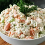 Paula Deen Crab Salad in a white bowl—creamy crab salad with celery, herbs, and a fresh dill garnish on a wooden board.