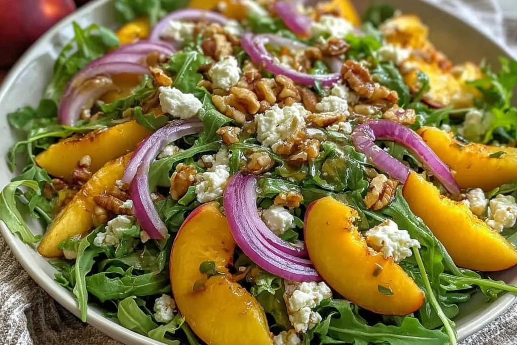 Peach Arugula Salad with sliced peaches, arugula, crumbled goat cheese, toasted pecans, red onion, and a honey-balsamic drizzle.