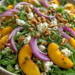 Peach Arugula Salad with sliced peaches, arugula, crumbled goat cheese, toasted pecans, red onion, and a honey-balsamic drizzle.