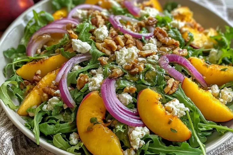 Peach Arugula Salad with sliced peaches, arugula, crumbled goat cheese, toasted pecans, red onion, and a honey-balsamic drizzle.