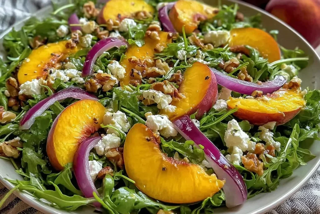 Peach Arugula Salad on a platter with juicy peach slices, arugula, crumbled goat cheese, toasted walnuts, and red onion with honey-balsamic dressing.