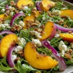 Peach Arugula Salad on a platter with juicy peach slices, arugula, crumbled goat cheese, toasted walnuts, and red onion with honey-balsamic dressing.