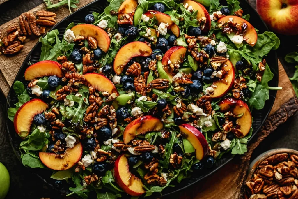 Peach Blueberry Arugula Salad on a platter with ripe peach slices, fresh blueberries, arugula, feta crumbles, and candied pecans with vanilla balsamic drizzle.