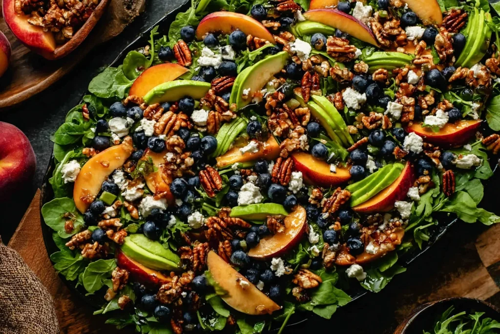 Peach Blueberry Arugula Salad with sliced peaches, fresh blueberries, arugula, feta, and crunchy pecans drizzled with vanilla balsamic vinaigrette.