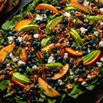 Peach Blueberry Arugula Salad with sliced peaches, fresh blueberries, arugula, feta, and crunchy pecans drizzled with vanilla balsamic vinaigrette.